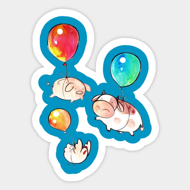 Watercolor Balloon Cow, Pig and Chicken Sticker by saradaboru